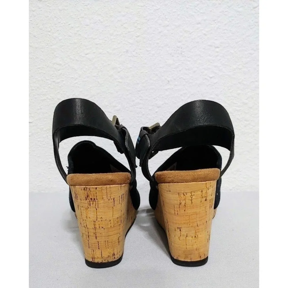 Toms Black Canvas and Cork Wedge Sandals with Ankle Strap